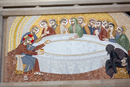Cracow , Lagiewniki - The centre of Pope John Paul II. Mosaics on the church wall with biblical scenes - the last supperのeditorial素材