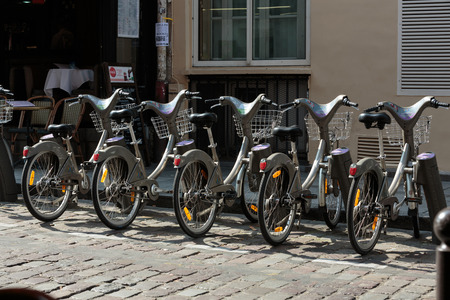 Parking of bicycles for rent on the streets of Paris