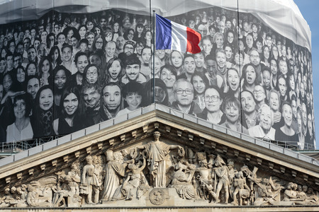 Paris - The facade of Pantheon against the background of repaired dome.  Construction of the building started in 1757 and was finished in 1791のeditorial素材