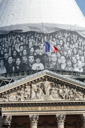 Paris - The pediment of Pantheon against the background of repaired dome.  Construction of the building started in 1757 and was finished in 1791のeditorial素材