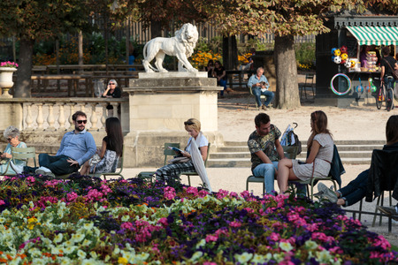 People relax in Luxembourg Gardens  in Paris, France. Luxembourg area is popular among tourists in Paris, the most visited city worldwide.のeditorial素材