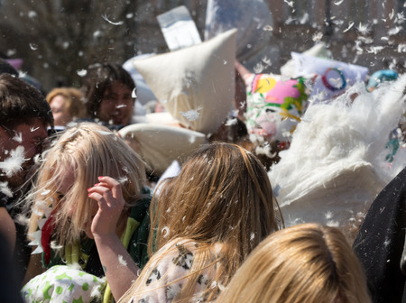 KRAKOW, POLAND - APRIL 11, 2015:  International pillow fight on April 11, 2015 in Old Market Square in Cracow. Polandのeditorial素材