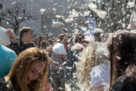 KRAKOW, POLAND - APRIL 11, 2015:  International pillow fight on April 11, 2015 in Old Market Square in Cracow. Polandのeditorial素材