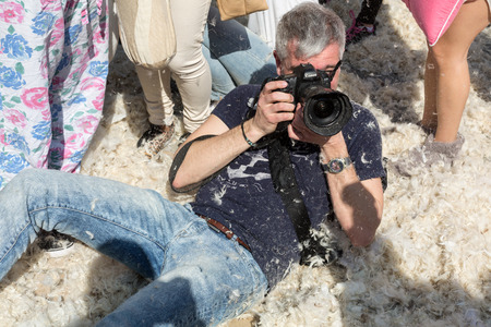 KRAKOW, POLAND - APRIL 11, 2015:  International pillow fight on April 11, 2015 in Old Market Square in Cracow. Polandのeditorial素材