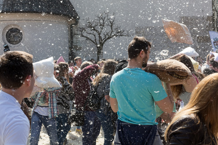KRAKOW, POLAND - APRIL 11, 2015:  International pillow fight on April 11, 2015 in Old Market Square in Cracow. Polandのeditorial素材