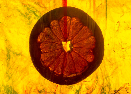 close up of a grapefruit slice in water