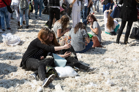 KRAKOW, POLAND - APRIL 11, 2015:  International pillow fight on April 11, 2015 in Old Market Square in Cracow. Polandのeditorial素材