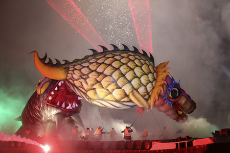 KRAKOW POLAND MAY 30 2014: Yearly Great Dragons Parade connected with the fireworks display taking place happening on the river Vistula at Wawel. Cracow Polandのeditorial素材