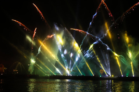 KRAKOW, POLAND - MAY 30, 2015: Yearly Great Dragons Parade connected with the fireworks display, taking place  on the river Vistula at Wawel. Cracow , Polandのeditorial素材