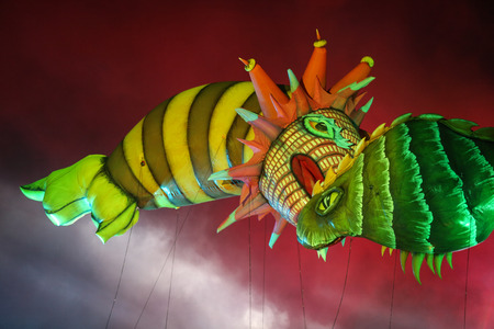 KRAKOW, POLAND - MAY 30, 2015: Yearly Great Dragons Parade connected with the fireworks display, taking place  on the river Vistula at Wawel. Cracow , Polandのeditorial素材