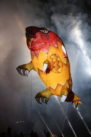 KRAKOW, POLAND - MAY 30, 2015: Yearly Great Dragons Parade connected with the fireworks display, taking place on the river Vistula at Wawel. Cracow , Polandのeditorial素材