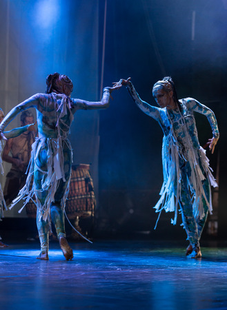 KRAKOW, POLAND - JUNE 20, 2014: The night of the Music on Szczepanski Square in Cracow. Slavic Prelude perfomed by WATAHA  Slavic Drummers and Art Color Ballet shows to the modern viewer colorfull archetype of the Slavic world, full of magicのeditorial素材
