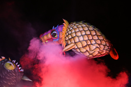 KRAKOW, POLAND - MAY 30, 2015: Yearly Great Dragons Parade connected with the fireworks display, taking place on the river Vistula at Wawel. Cracow , Polandのeditorial素材