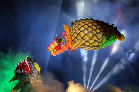 KRAKOW, POLAND - MAY 30, 2015: Yearly Great Dragons Parade connected with the fireworks display,...