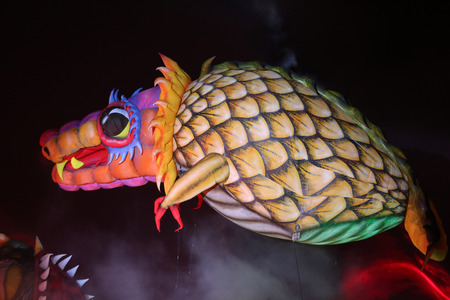 KRAKOW, POLAND - MAY 30, 2015: Yearly Great Dragons Parade connected with the fireworks display, taking place on the river Vistula at Wawel. Cracow , Polandのeditorial素材