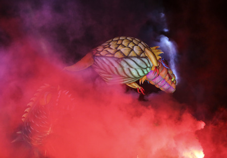 KRAKOW, POLAND - MAY 30, 2015: Yearly Great Dragons Parade connected with the fireworks display, taking place  on the river Vistula at Wawel. Cracow , Polandのeditorial素材