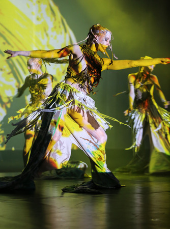 KRAKOW, POLAND - JUNE 20, 2014: The night of the Music on Szczepanski Square in Cracow. Slavic Prelude perfomed by WATAHA  Slavic Drummers and Art Color Ballet shows to the modern viewer colorfull archetype of the Slavic world, full of magicのeditorial素材