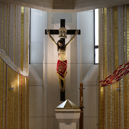 Cracow , Lagiewniki - The centre of Pope John Paul II. Mosaics on the church wall with biblical scenesのeditorial素材