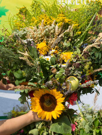 handmade  beautiful bouquets from flowers and herbsの写真素材