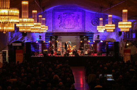 WIELICZKA, POLAND - NOVEMBER 2, 2015: Adam Kawonczyk Quartet playing live music at The Cracow Jazz All Souls Day Festival in The Wieliczka Salt Mine. Polandのeditorial素材