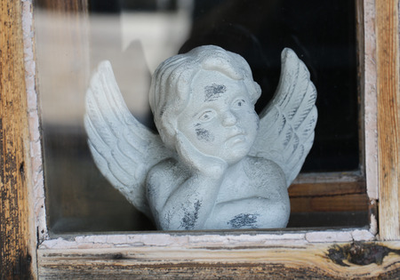 Angel statue in the old windowの写真素材
