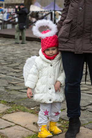 LANCKORONA, POLAND - DECEMBER 12, 2015: the winter-festival Angel in the country town. In this original way for many years now the country town promotes itself before tourists. Lanckorona, Polandのeditorial素材
