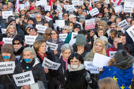 CRACOW, POLAND - JANUARY 9, 2016:  -  The demonstration of the Committee of the Defence  of the Democracy  KOD  for free media /wolne media/ and democracy against PIS government. Cracow , Polandのeditorial素材
