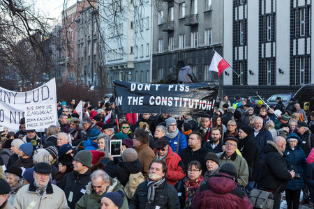 CRACOW, POLAND - JANUARY 9, 2016:  -  The demonstration of the Committee of the Defence  of the Democracy  KOD  for free media /wolne media/ and democracy against PIS government. Cracow , Polandのeditorial素材