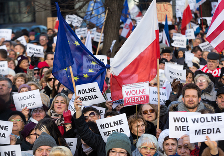 CRACOW, POLAND - JANUARY 9, 2016:  -  The demonstration of the Committee of the Defence  of the Democracy  KOD  for free media /wolne media/ and democracy against PIS government. Cracow , Polandのeditorial素材