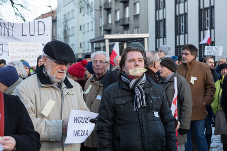CRACOW, POLAND - JANUARY 9, 2016:  -  The demonstration of the Committee of the Defence  of the Democracy  KOD  for free media /wolne media/ and democracy against PIS government. Cracow , Polandのeditorial素材