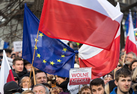 CRACOW, POLAND - JANUARY 9, 2016:  -  The demonstration of the Committee of the Defence  of the Democracy  KOD  for free media /wolne media/ and democracy against PIS government. Cracow , Polandのeditorial素材