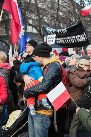 CRACOW, POLAND - JANUARY 9, 2016:  -  The demonstration of the Committee of the Defence  of the Democracy  KOD  for free media /wolne media/ and democracy against PIS government. Cracow , Polandのeditorial素材