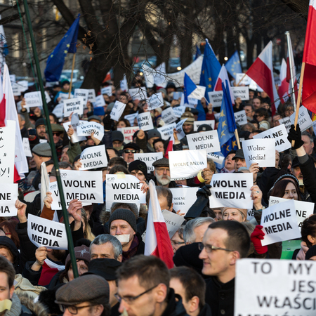 CRACOW, POLAND - JANUARY 9, 2016:  -  The demonstration of the Committee of the Defence  of the Democracy  KOD  for free media /wolne media/ and democracy against PIS government. Cracow , Polandのeditorial素材