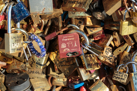 Paris, France - Pont   des Arts. Love padlocks on the bridge.   Passerelle des Arts is a pedestrian bridge in Paris which crosses the River Seineのeditorial素材