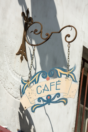 PARIS, FRANCE -SEPTEMBER 10, 2014: Signboard of cafe in the Montmartre district, Paris.のeditorial素材
