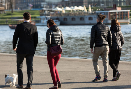 People walking along the river Vistula in Cracowのeditorial素材