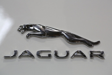 CRACOW, POLAND - MAY 21, 2016: Jaguar metallic brand closeup on the Jaguar car displayed at 3rd edition of MOTO SHOW in Cracow Poland.のeditorial素材