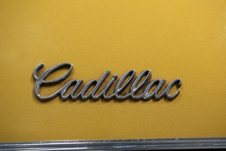 CRACOW, POLAND - MAY 21, 2016: Cadillac metallic brand closeup on Cadillac car displayed at 3rd...