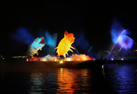 KRAKOW, POLAND - JUNE 4, 2016:  Yearly Great Dragons Parade connected with the fireworks display, taking place on the river Vistula at Wawel. Cracow , Polandのeditorial素材