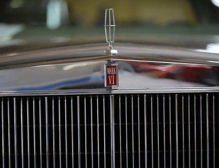 CRACOW, POLAND - MAY 21, 2016:  Lincoln Continental Mark VI metallic brand closeup on Lincoln Continental Mark VI car displayed at 3rd edition of MOTO SHOW in Cracow Poland.のeditorial素材