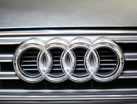 CRACOW, POLAND - MAY 21, 2016:Audi metallic brand closeup on Audi car displayed at 3rd edition of MOTO SHOW in Cracow Poland. Exhibitors present  most interesting aspects of the automotive industry