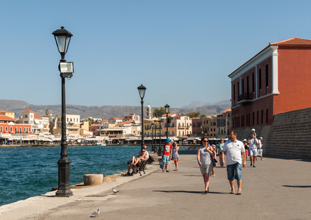 Tavernas and restaurants surrounding the harbour of Chania, Crete, Greeceのeditorial素材
