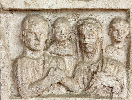Relief on the ancient sarcophagus in the baths of Diocletian in Rome. Italyのeditorial素材