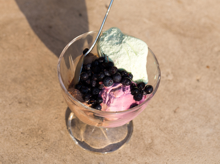 Ice cream with blueberries  in bowl on  stone backgroundの写真素材