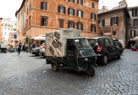 ROME, ITALY - JUNE 15, 2015: Piaggio Ape50 in Rome. Piaggio Ape is a three-wheeled light commercial vehicle first produced in 1948 by Piaggio.のeditorial素材