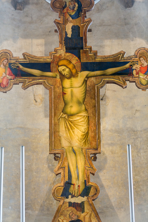 The Crucifixion from year 1370 by Guariento in the presbytery of church Chiesa degli Eremitani. Padua, Italyのeditorial素材