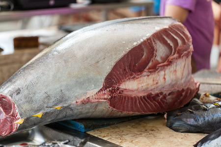 Fresh tuna at fish market Mercado dos Lavradores. Funchal, Madeiraの写真素材