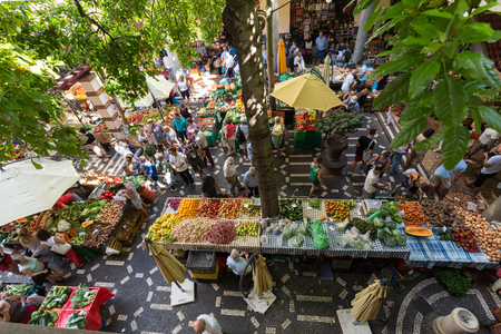 Fresh exotic fruits in Mercado Dos Lavradores. Funchal, Madeira, Portugalのeditorial素材