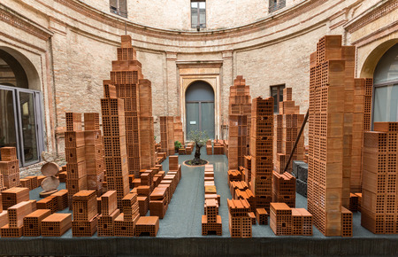 Contemporary art  exhibition in central circular courtyard of Andrea Mantegna House in  Mantua. Italy.のeditorial素材