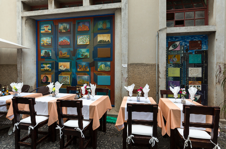 FUNCHAL,MADEIRA, PORTUGAL, SEPTEMBER 4, 2016: Zone Velha - the oldest district famous for its best restaurants and cafes in Funchal. Madeira, Portugalのeditorial素材